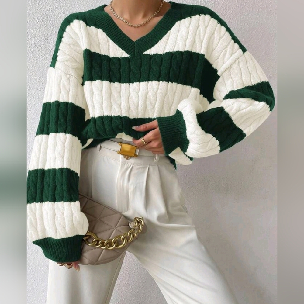 NEW Oversized Cable Knit Striped Sweater Top Green Off White